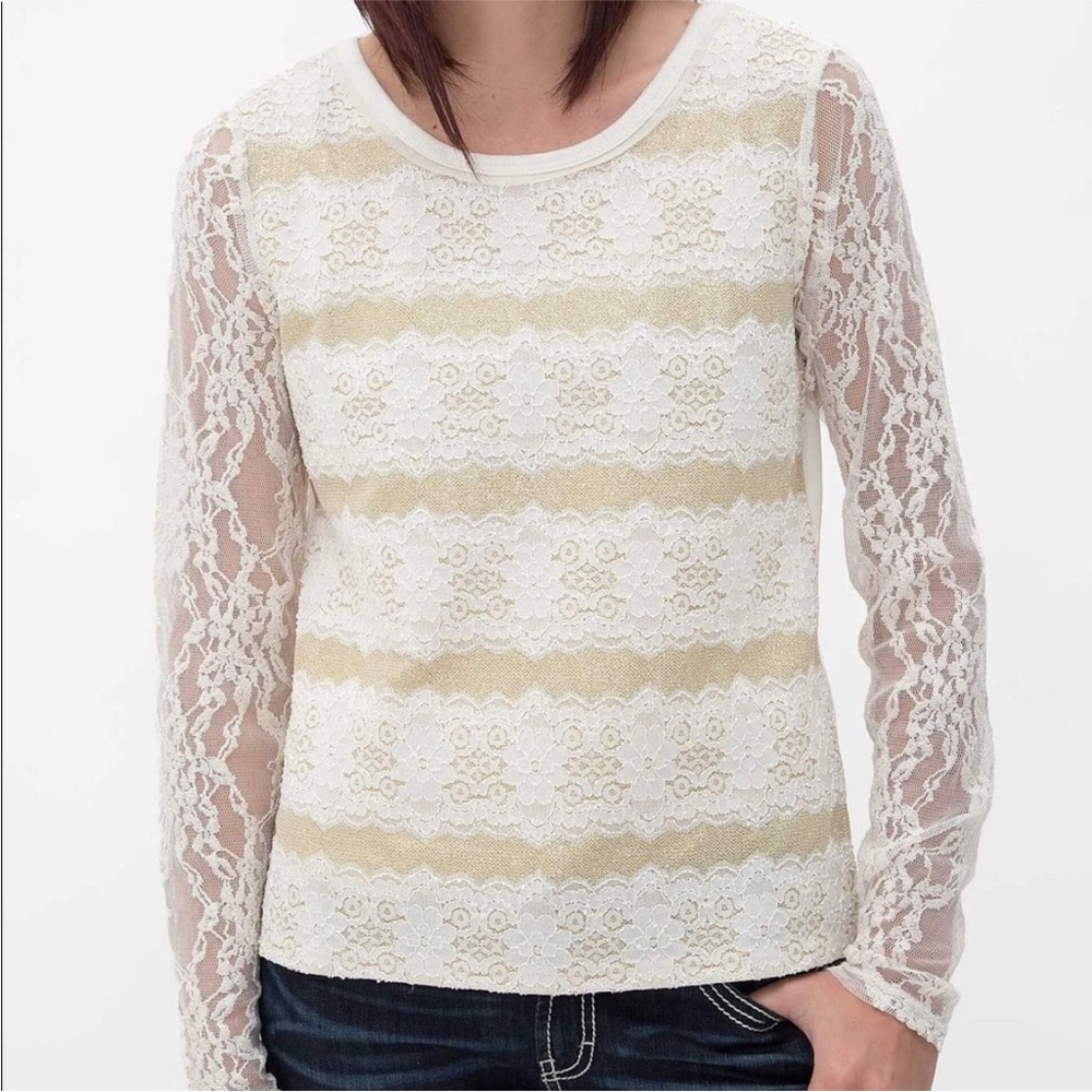 Miss Me Long Sleeve Knit Pullover Metallic Gold Lace Stripes Size Small
